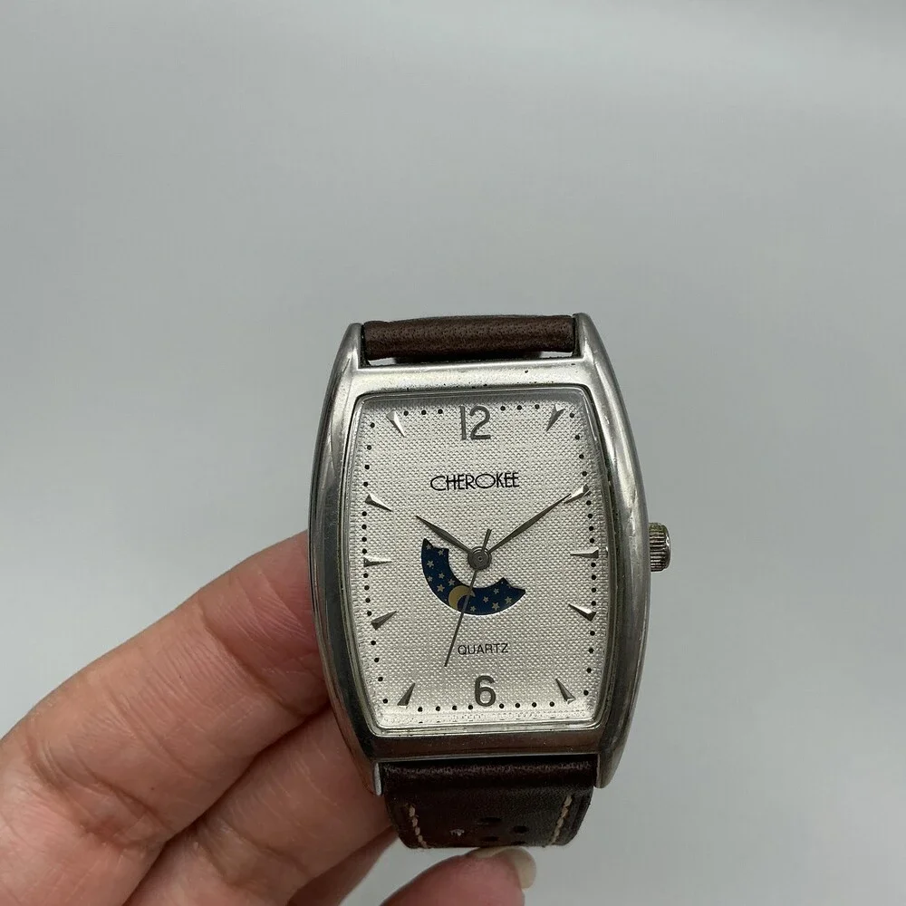Cherokee 32-905 Womens Watch 30mm Silver Tone Moon Phase Leather Band New Batt